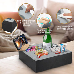 CARLA HOME Wooden Couch Cup Holder Tray with Soft Silicone & Rotatable Phone Holder for Storaging Drinks & Snacks-1992735293706473475