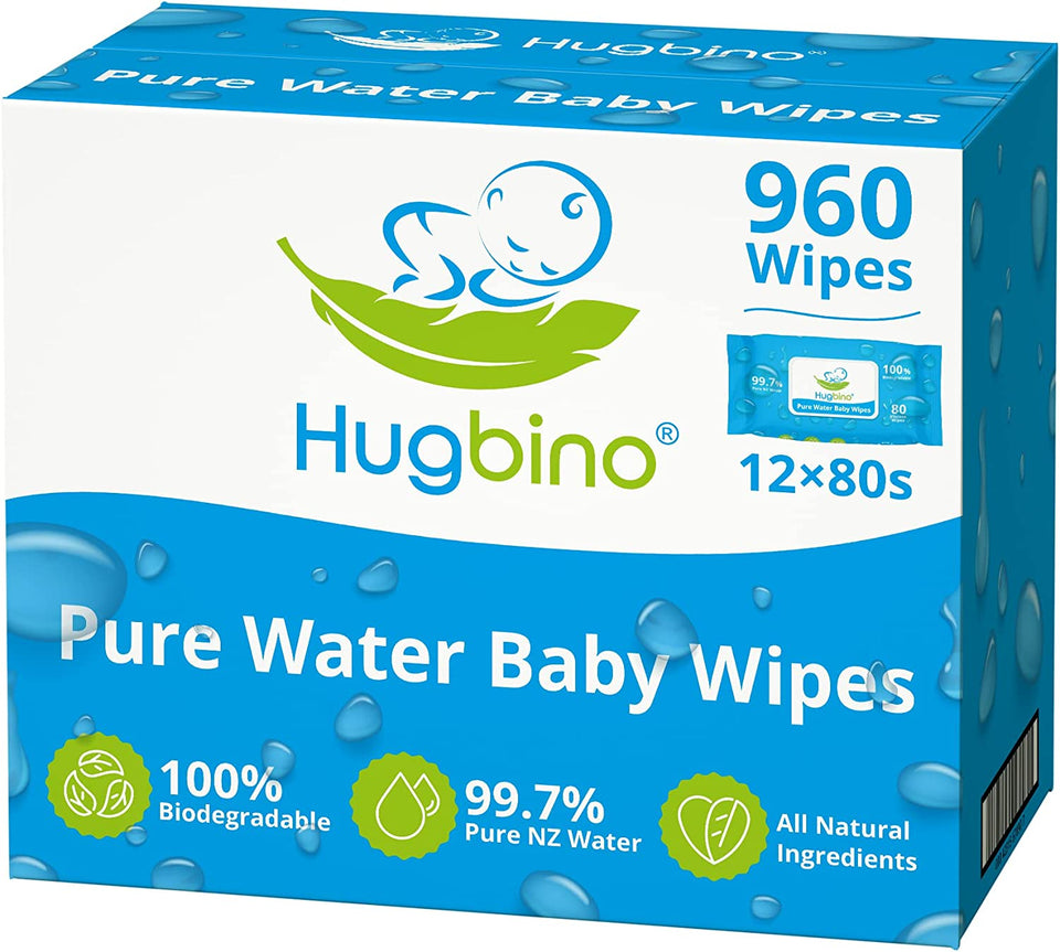 Hugbino Baby Wipes Bulk Pack 12 x 80pk - Fragrance Free - Pure NZ Wet Water Wipes - Water wipe for baby