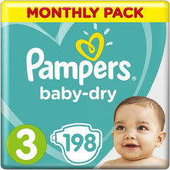 Pampers Baby-Dry Nappies Size 3 Crawler, 198 Nappies, 6-10kg, Monthly Pack